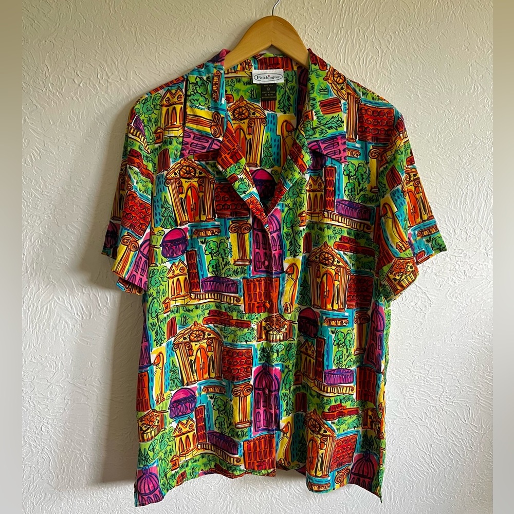 Vintage Y2K 100% Silk Artist Town Top Size Large Patchington